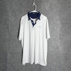 IBIS Golf Polo Men Large White Navy Blue Crossed Clubs Print Stretch Performance